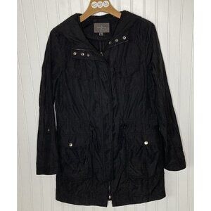 Cole Haan Womens Med Nylon Anorak Black Rain Zip Snap Front Pockets Hood Jacket
